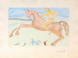 un dessin représentant un homme à cheval dans un champ