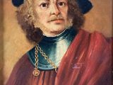 portrait of a man with a feathered hat and a red cloak
