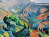 an image of a painting of a mountain scene with trees