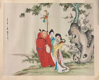 Suite de trois peintures sur soie contrecollées sur papier. …