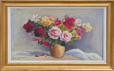 a painting of roses in a vase on a table