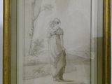 an old drawing of a woman in a dress is hanging on a wall