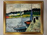 a painting on the wall of a room with a sailboat on the water