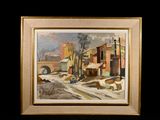 une image représentant une peinture d'une scène de rue avec des bâtiments et des arbres