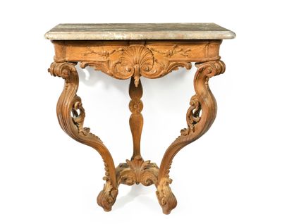 an old wooden table with a marble top on a white background