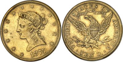 a gold coin with the head of a woman and an eagle on it