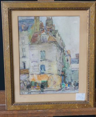 painting of a street scene in a city with a building in the background