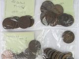 a lot of coins in a bag on the table