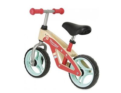 wooden balance bike for toddlers with red handlebars and blue wheels