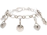 silver bracelet with charms and charms on a white background