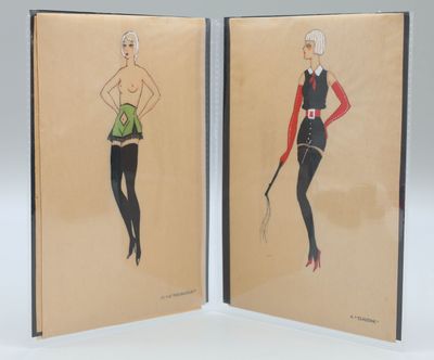 two drawings of a woman in a dress and a man in a suit