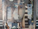 une image représentant un collage du visage d'une femme avec un oiseau sur la tête