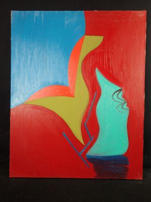 painting of a woman ' s face on a red and blue background