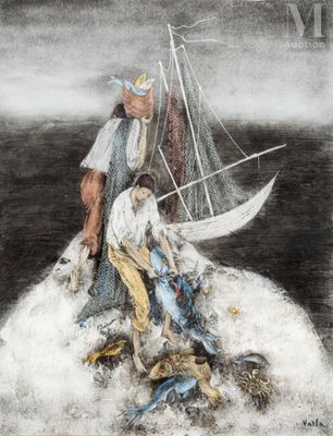 tableau représentant un homme et une femme sur un bateau en pleine mer