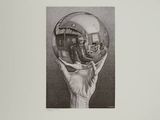 a drawing of a hand holding a mirror ball