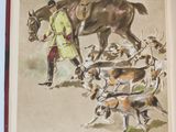 a picture of a book with a picture of a man with a horse and dogs