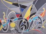 painting of abstract shapes on a gray background with a red, yellow, blue, black, and white design