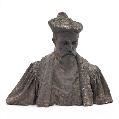 statue of a man with a beard and a hat on a white background