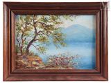 an oil painting of a tree by the water with a mountain in the background