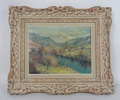 a painting of a landscape with a river and mountains in the background