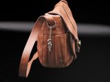 leather handbag with a zipper on a black background