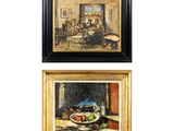 deux tableaux représentant un salon et une salle à manger, avec une corbeille de fruits posée sur une table