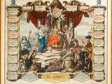 a drawing of a large group of people standing around a statue