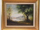 an image of a painting of a landscape with a boat in the water