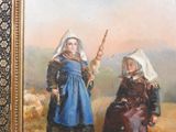a painting of two women in a field with a stick