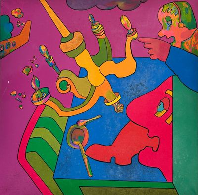 brightly colored painting of a group of people playing with a dog