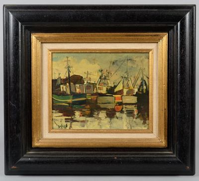 une peinture à l'huile représentant des bateaux amarrés dans un port par temps nuageux