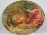 une peinture à l'huile représentant une femme endormie sur un oreiller posé sur une surface blanche