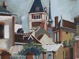 un tableau représentant une rue avec le clocher d'une église en arrière-plan