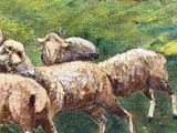painting of a herd of sheep walking across a lush green field