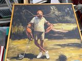 a painting of a man holding a golf club on a table