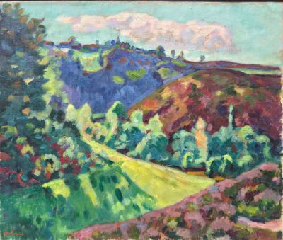 une peinture à l'huile représentant un paysage avec des collines et des arbres en arrière-plan