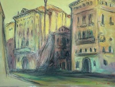 pastel painting of a street scene with buildings and a clock tower