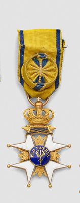 three medals are displayed on a white surface with blue and yellow ribbons