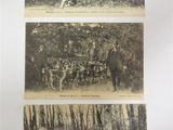trois photos en noir et blanc représentant des hommes et des chiens dans un environnement boisé