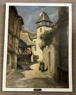 an image of a painting of a street scene with a woman walking down the street