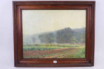 an image of a painting of a field with trees in the background