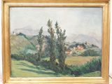 une peinture à l'huile représentant un paysage avec des arbres et des collines en arrière-plan