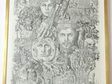 a black and white drawing of a group of people in a forest