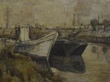 a painting of a boat that is sitting in the water