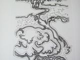 a black and white drawing of a tree in the middle of a picture
