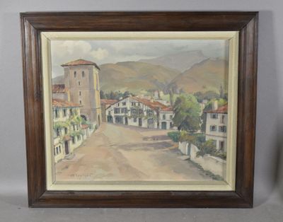 painting of a town street with buildings and a clock tower in the background