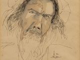 an old drawing of a man with long hair and a beard
