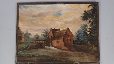 une vieille peinture représentant une scène de campagne avec une maison et un portail