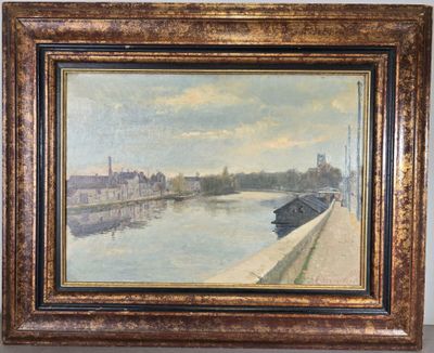 tableau représentant une vue sur une rivière, avec un pont et des bâtiments en arrière-plan