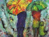 painting of two people with umbrellas walking in the rain